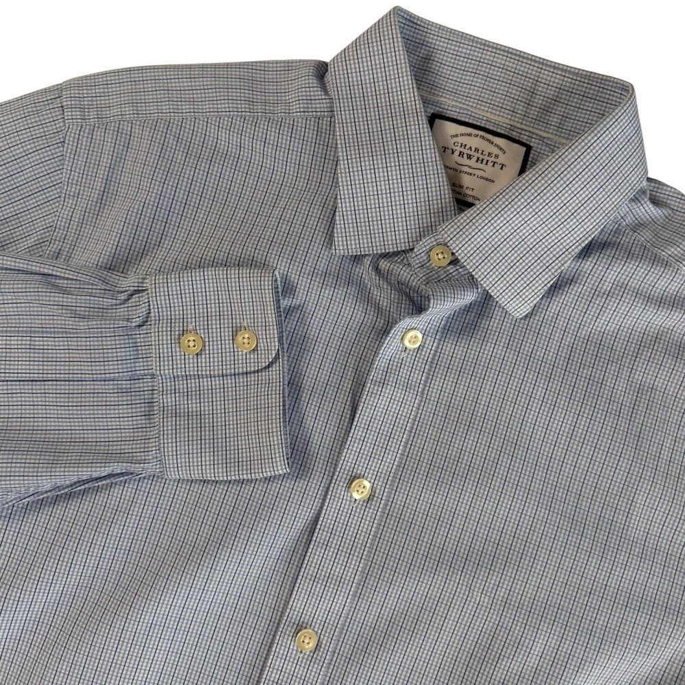 Charles Tyrwhitt Dress Shirt Men 16.5 34 Slim Fit Blue White Check‎ Cotton